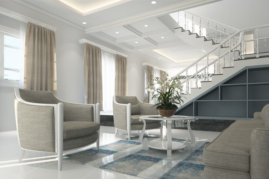 home staging in bulgaria example: a wide bright hallway with a white chair and stairs